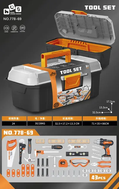 778-69 toy tool box with 43 pieces